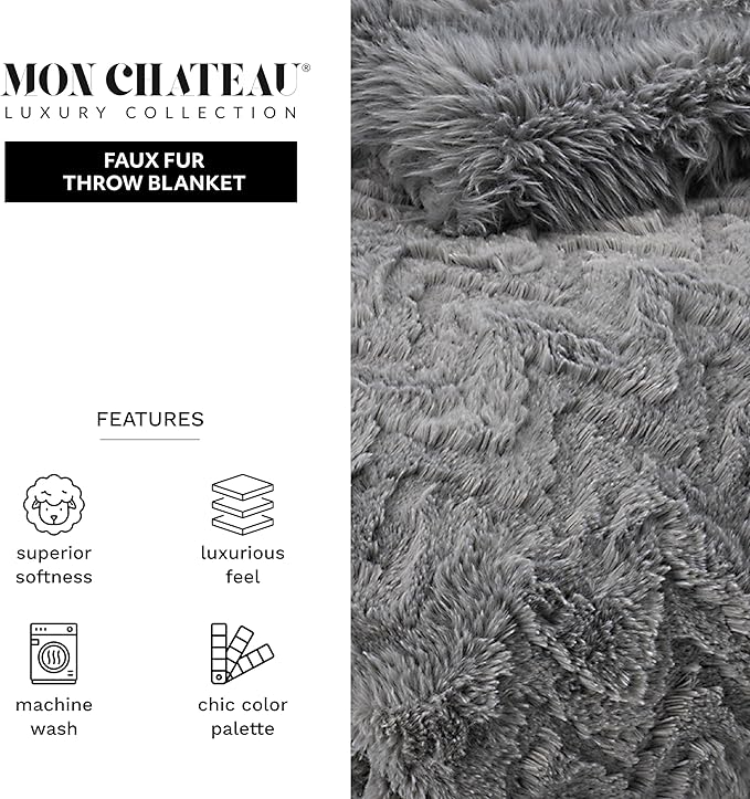 Mon Chateau Grey 3D Jacquard Faux Fur Throw, Plush Luxury Blanket for Couch, Sofa, or Bed, Soft Reversible Throw Blanket for Sleeping, Home & Room Décor, 60" x 70"-Ruum Studio Home