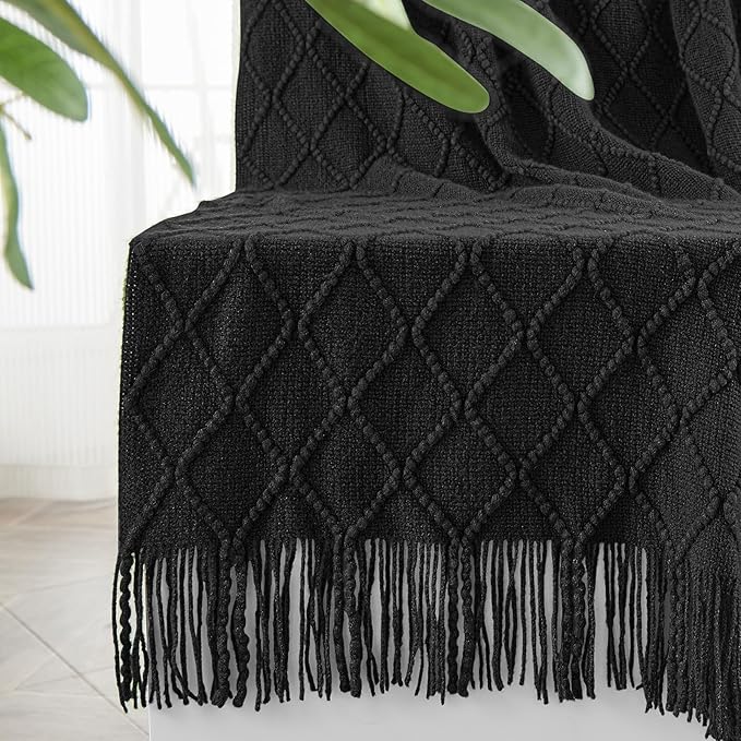 inhand Knitted Throw Blankets for Couch and Bed, Soft Cozy Knit Blanket with Tassel, Black Lightweight Decorative Blankets and Throws, Farmhouse Warm Woven Blanket for Men and Women, 50"x60"-Ruum Studio Home