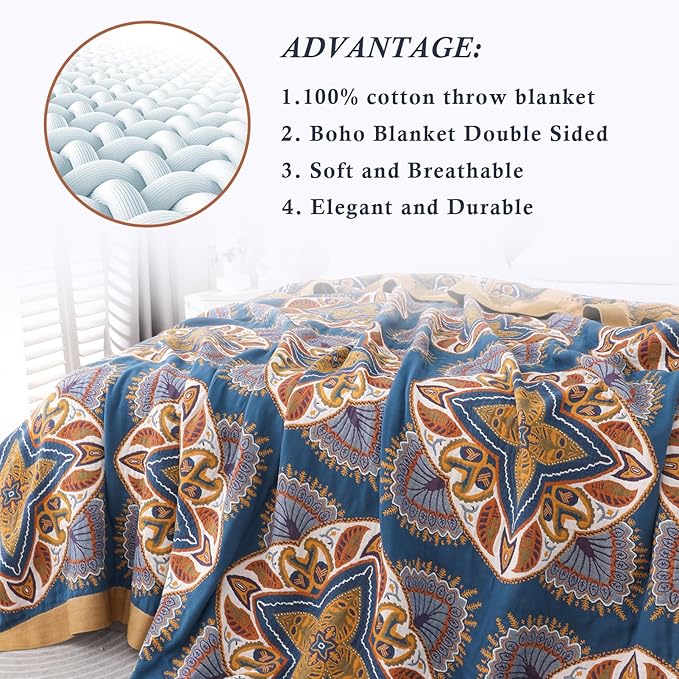 Snycler Boho Throw Blanket for Bed - 100% Cotton Ultra Soft Rustic Quilt Blanket Orange Green Printed Farmhouse Decor Bed Blankets, 80"×90" All Season Rustic Throw for Sofa Couch Chair-Ruum Studio Home