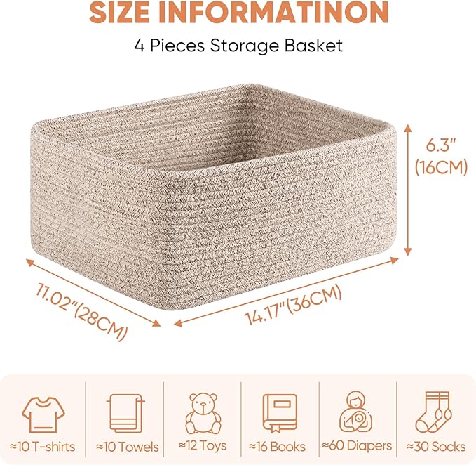 OIAHOMY 4 Pack 14.17*11.02*6.3IN Storage Baskets for Organizing Shelves, Woven Rope Baskets for Organizing Books, Clothes, Decorative Basket for Living Room, Nursery, Bedroom, Gift Basket, Brown-Ruum Studio Home
