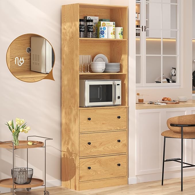 71" Tall Bookshelf with Storage, Bookcase with Drawers, Farmhouse Wooden Corner Book Shelves, Mid Century Modern Book Shelf Wall Standing Home Decor Furniture for Living Room, Bedroom, Office, Kitchen-Ruum Studio Home