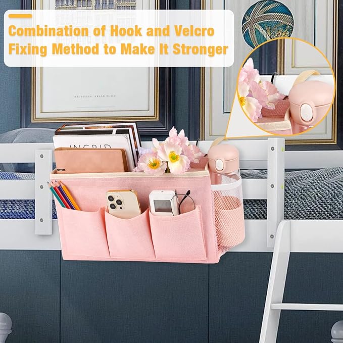 Bedside Caddy Bedside Organizer Bedside Storage Caddy with Fixed Straps and Water Bottle Holder for Home College Dorm Bunk Bed Hospital Bed Crib Bed Rails (2pcs Pink)-Ruum Studio Home