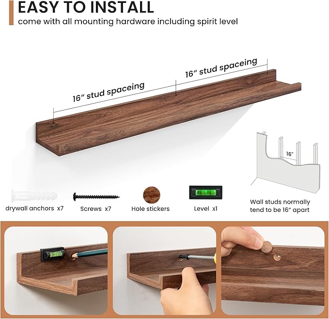 Fun Memories Picture Ledge Shelves Set of 2, 36 Inch Rustic Wall Mounted Floating Shelves with Lip for Home Storage and Décor in Bathroom, Kitchen, Nursery, Bedroom, Living Room, Walnut-Ruum Studio Home