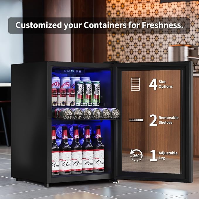 2.5 Cu.Ft Wine Fridge, Mini Fridge With Glass Door, Wine Cooler Refrigerator, Beverage Drink Beer Cooler, Adjustable Shelves & Digital Temperature Display, 22 Bottle 95 Can-Ruum Studio Home