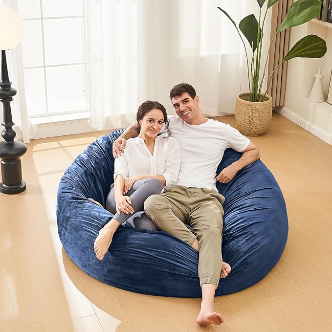 Bean Bag Chairs for Adults - Memory Foam Furniture BeanBag Chair - Kids/Teens Sofa with Soft Micro Fiber Cover - Round Fluffy Couch for Living Room Bedroom College Dorm - 5 ft, Navy-Ruum Studio Home