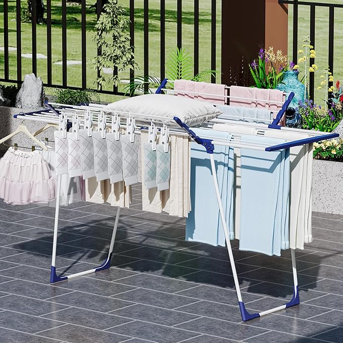 APEXCHASER Clothes Drying Rack, Foldable Gullwing Laundry Rack for Indoor Outdoor, 10pcs Clips with Bag, Collapsible Space-Saving Drying Rack for Clothes Towels Dolls, White-Ruum Studio Home