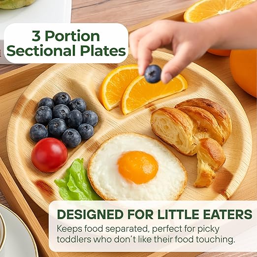 Dtocs 3 Compartment Plates (50 Pc) Palm Leaf 10 Inch Round Portion Control Buffet Sectional Plate | Bamboo Plates Disposable Like Compostable Camping Dinnerware Stronger than Divided Paper, Styrofoam-Ruum Studio Home