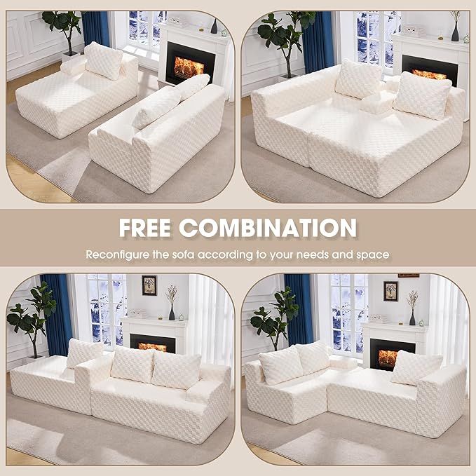 Hobestluk 96” Modular Sectional Sofa Couches L-Shape Couch 3 Seat Modular Sofa Memory Foam Sectional Couches for Living Room, Cloud Couch with Oversized Chaise (White, Checked (Left Facing Chaise))-Ruum Studio Home