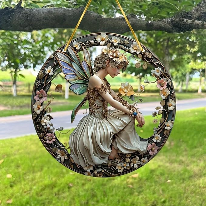 Flower Fairy Garden Decorations Angel Wing Christmas Halloween Deco Statue Art Elf Sculpture Hanging Craft for Outdoor Yard Courtyard Lawn Patio Window Acrylic Ornament Home Gift (B,S: 6*6 IN)-Ruum Studio Home