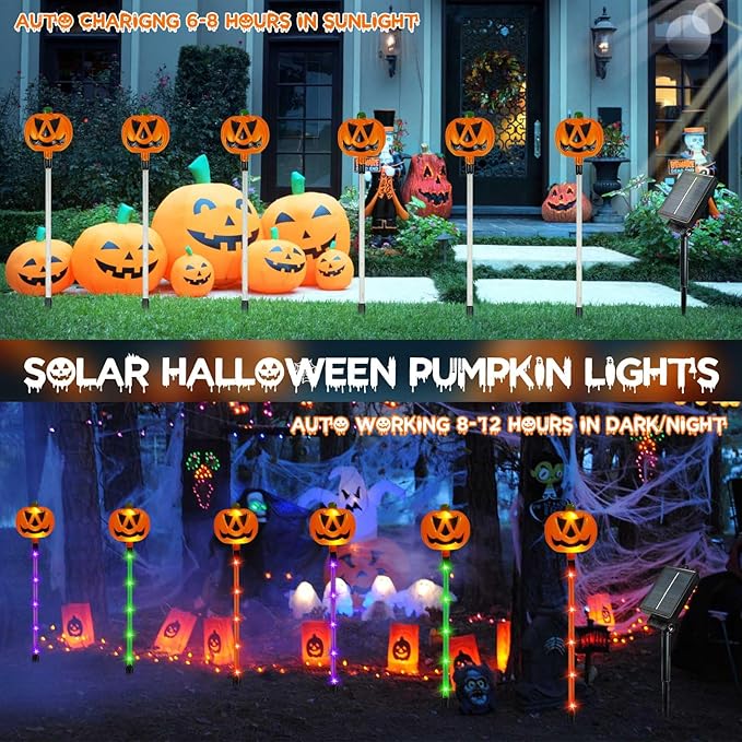 12 Pack Solar Pumpkin Lights for Halloween Decorations Outdoor, Waterproof Halloween Pathway Lights with 8 Modes, Orange Purple and Green Halloween Walkway Stake Lights for Yard Garden Party Decor-Ruum Studio Home