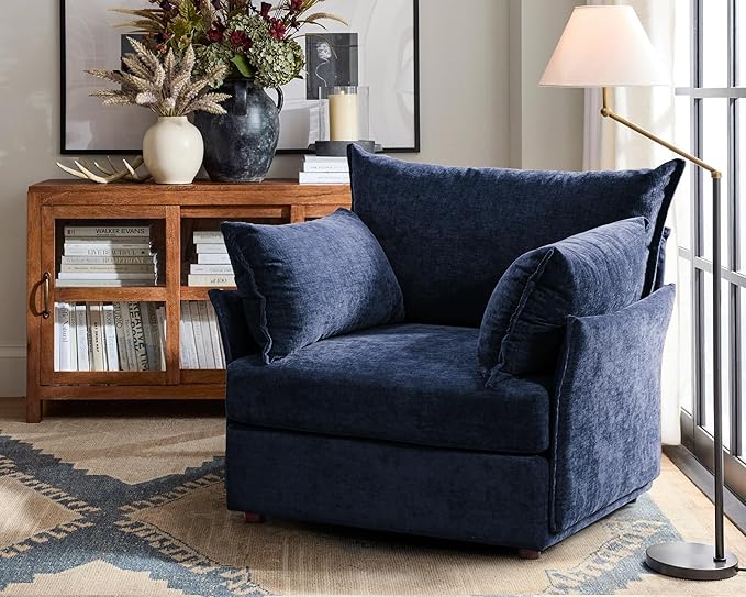 Oversized Accent Chair, Upholstered Modern Sofa Chair with Removable Backrest & Detachable Cover, 24.5" Deep Seat Large Reading Armchair for Living Room Bedroom Office - Chenille Blue Set of 1-Ruum Studio Home