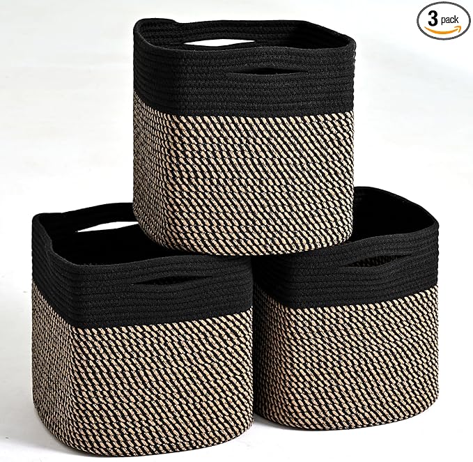 11 Inch Cube Storage Bins, Storage Cube Organizer Bins, Woven Cotton Rope Baskets for Storage, Storage Basket for Organizing Shelves, Square Baskets for Toys Nursery, Black & Jute (Pack of 3)-Ruum Studio Home