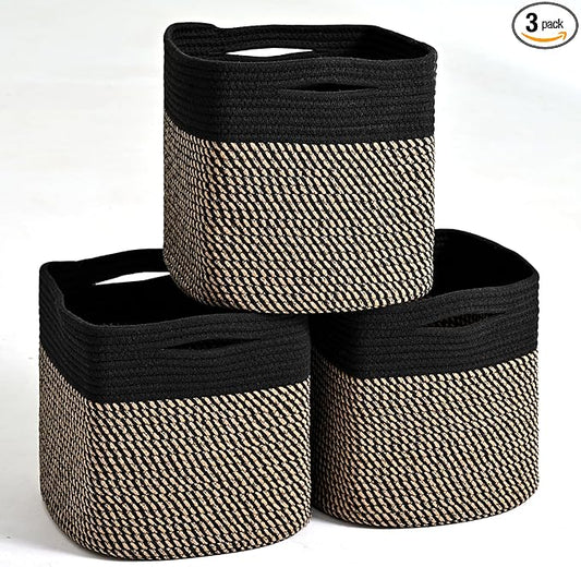 11 Inch Cube Storage Bins, Storage Cube Organizer Bins, Woven Cotton Rope Baskets for Storage, Storage Basket for Organizing Shelves, Square Baskets for Toys Nursery, Black & Jute (Pack of 3)-Ruum Studio Home