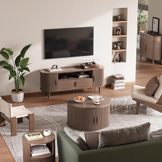 Round Coffee Table with Lifting Top,31.5”Mid Century Modern Lift Top Coffee Table with Hidden Compartment,Fluted Small Center Table for Living Room,Walnut-Ruum Studio Home