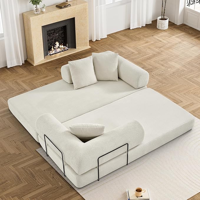 Convertible Sleeper Sofa Bed with Pillow, 4-in-1 Corduroy Folding Mattress Couch with Fixed-Shape Frame, Fold Out Floor Sofa Cama Lounge Couch for Living Room Bedroom Studio, Beige White-Ruum Studio Home