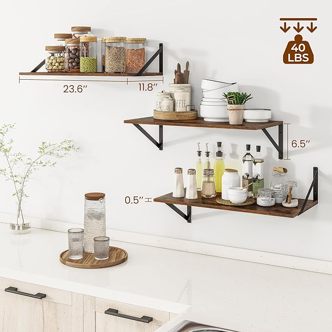 Heimlove 24" W x 12" D Wall Shelves for Books, 12 Inch Deep Floating Shelves Set of 3, Wide Floating Bookshelf with Metal Bracket for Living Room, Kitchen, Office, Bedroom and Decor - Rustic Brown-Ruum Studio Home