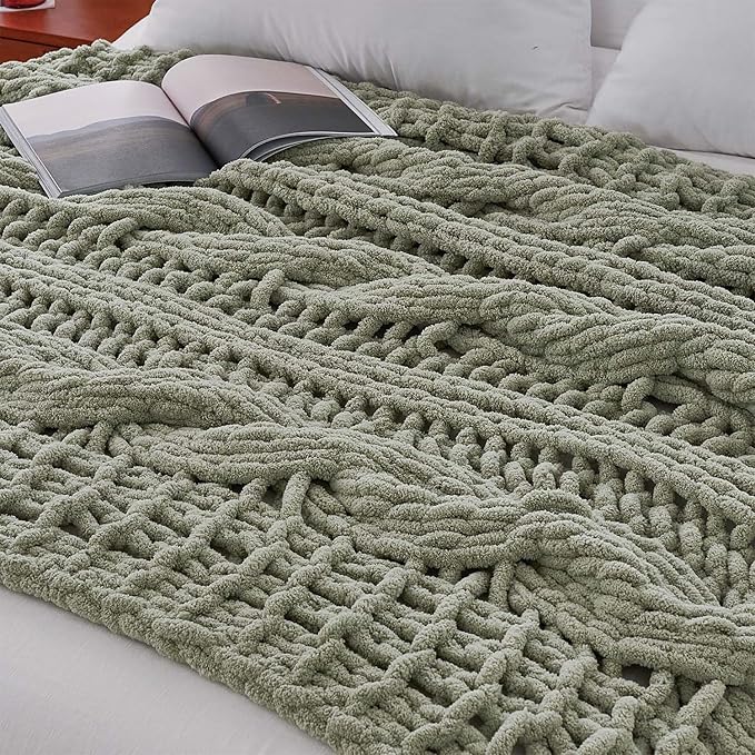 Esterra Chunky Knit Blanket Throw 50"x60", 100% Hand Knitted Chenille Throw Blanket, Cozy Soft Thick Cable Knit Throw Large Rope Knot Crochet Throw Blanket for Sofa Couch Bed, Sage Green-Ruum Studio Home