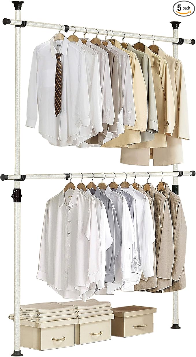 PRINCE HANGER Rack Heavy Duty One Touch System Load 352LBS Clothing Racks for Hanging Clothes Metal Closet Garment Closet system Tension Rod Free Standing Ivory Width Adjustable PHUS-0023-Ruum Studio Home
