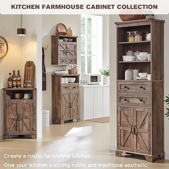 Bathroom Floor Cabinet, Farmhouse 24" Wide Cabinet with Drawer, Adjustable Shelf, Barn Doors, Cabinets for Bathroom, Kitchen, Living Room, Rustic Brown-Ruum Studio Home