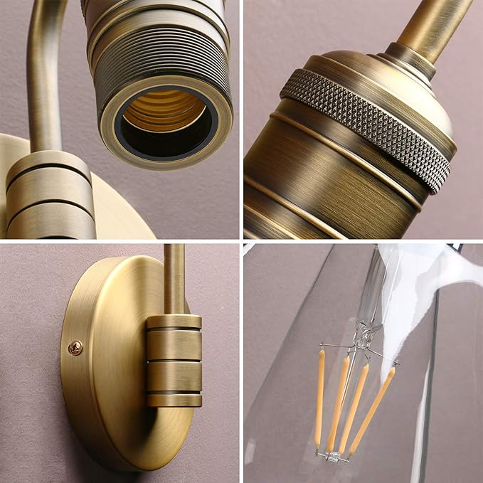 Yosoan 1-Light Brass Modern Vintage Indoor Wall Sconce, Vanity Single Luxury Hardwired Retro Textured Clear Oval Cone Glass Shade with Industrial Gooseneck Curved Rod Bathroom Lamp(Antique)-Ruum Studio Home