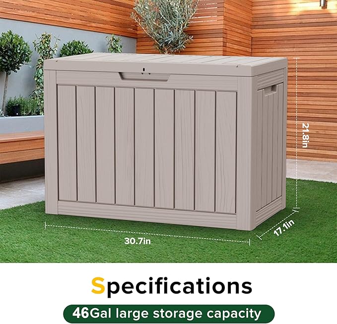 Vixzen 46 Gallon Resin Deck Box, Lockable Outdoor Storage Box for Patio Cushions Storage Furniture,Garden Tools, Pool Supplies, Weatherproof and UV Resistant,Grey-Ruum Studio Home