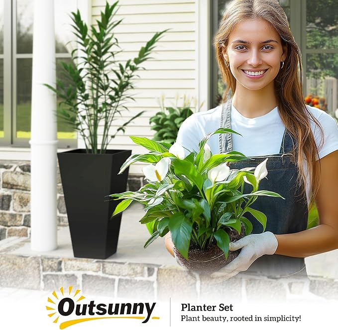 Outsunny Tall Planters for Outdoor Plants Set of 3, 28 in Taper Planters with Drainage Holes, Indoor Grande Plant Pots, Front Porch Decor (Black)-Ruum Studio Home