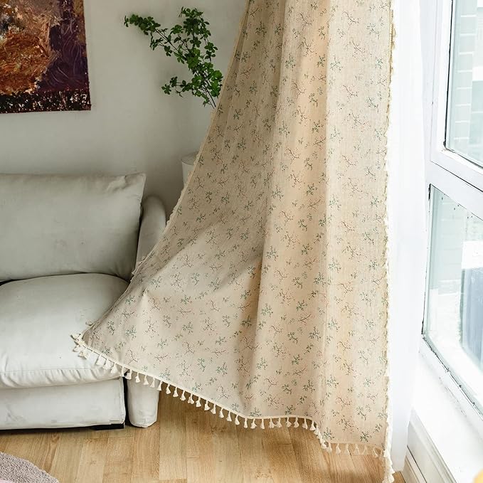 Sutuo Home Florals Boho Farmhouse Curtains, Semi-Blackout Drape Bohemian Window Treatment Cotton Linen Panel with Tassels for Bedroom Living Room, Rod Pocket, 1 Panel 59" W x 84" L-Ruum Studio Home