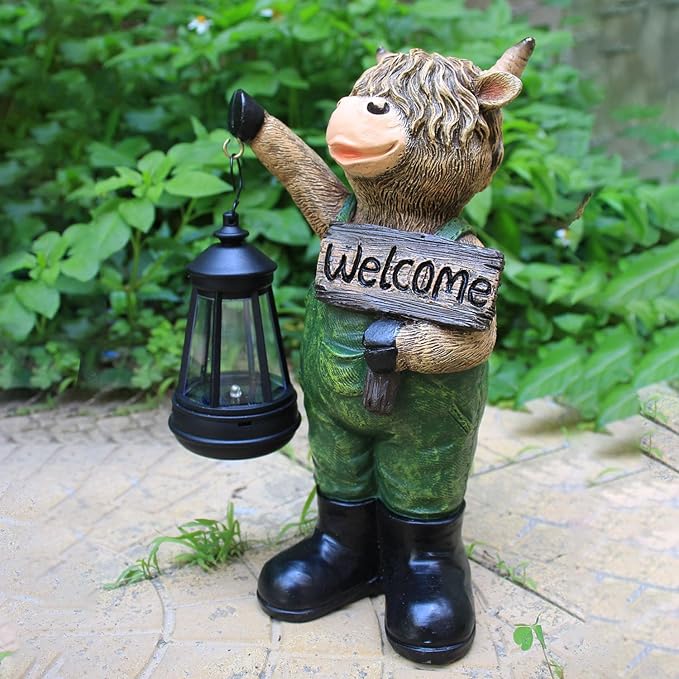 Solar Garden Decor Statues: Handmade Resin Statue with LED Light,Highland Cow Figurine Outdoor Garden Decor Unique Gifts for Women, Mom, Grandma (Green cow1)-Ruum Studio Home