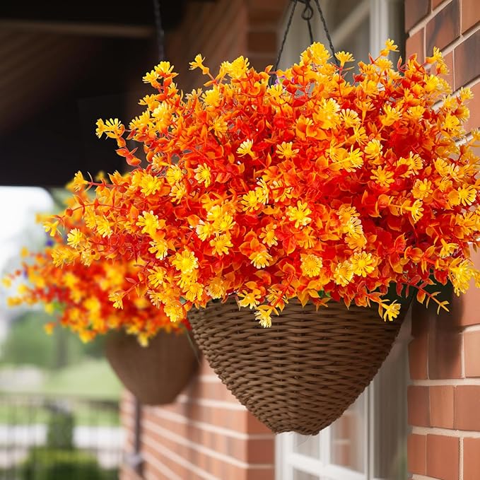 12 Bundles Artificial Fall Flowers No Fade Faux Autumn Plants, Fake Indoor Outdoor Greenery Decorations for Thanksgiving Christmas Wedding Party Home Garden Fireplace Décor (Fall Orange)-Ruum Studio Home