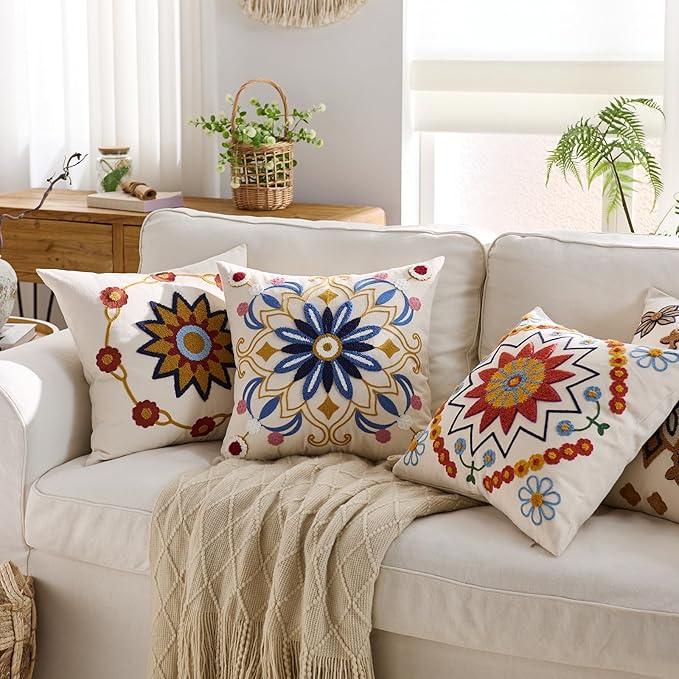 Embroidered Throw Pillow Cover 18x18 Classic Boho Floral Pattern Pillows Cover Outdoor Decorative Pillowcase,Durable Cozy Textured Cushion Case for Sofa Couch Bed Living Room,Blue-Ruum Studio Home
