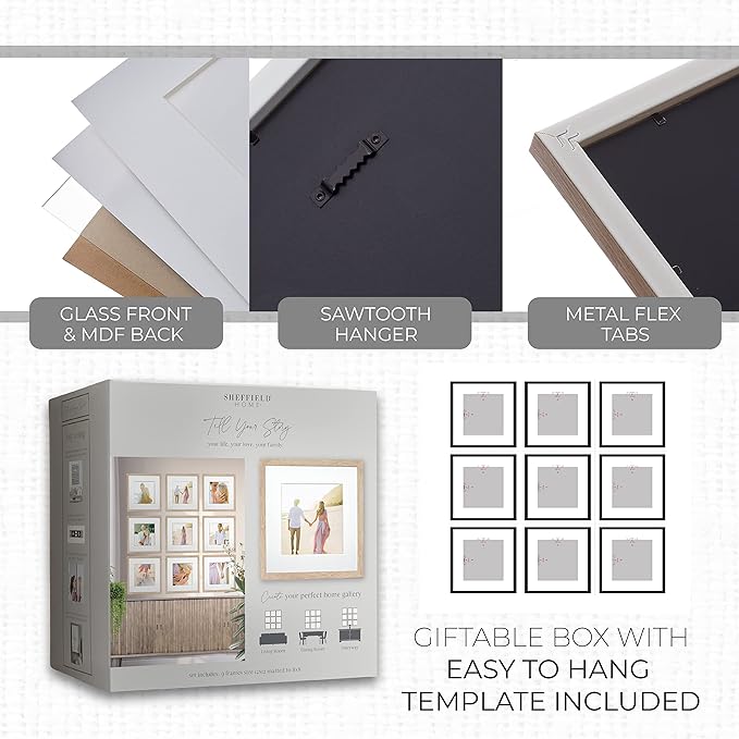 Sheffield Home 9 Piece Gallery Wall Frame Set, 12x12 in. Matted to 8x8 in. (Light Natural)-Ruum Studio Home