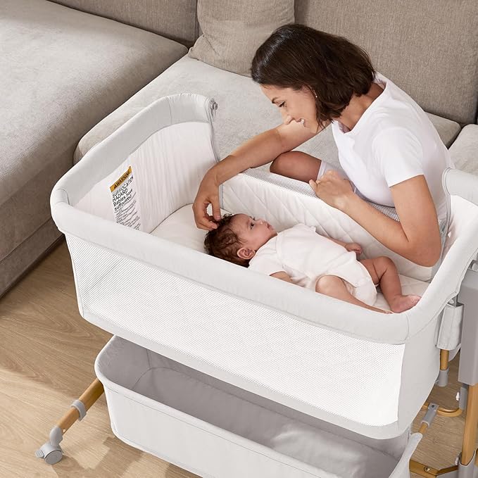 3 in 1 Baby Bassinet, Rocking Bassinet, Bedside Bassinet, 6-Height Adjustable, Bassinet Bedside Sleeper, Bedside Bassient for Baby with Comfy Mattress, Breathable Mesh, Large Storage Basket-Ruum Studio Home