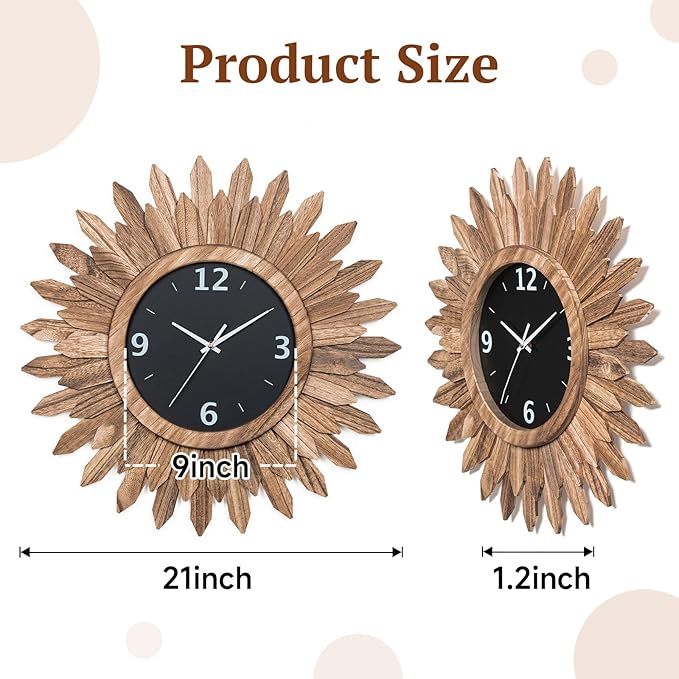 Honiway Large Wall Clock Battery Operated 21 in Rustic Wood Boho Sunburst Decorative Wall Clock Silent Non Ticking Farmhouse Wall Clocks for Living Room Bedroom Kitchen Bathroom Decor (Rustic Brown)-Ruum Studio Home