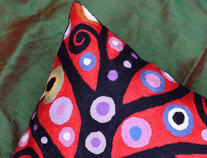 Klimt Tree of Life Pillow Cover | Red Floral Pillowcase | Flower Accent Pillows |Suzani Cushions | Flower Pillows | Modern Floral Cushion Cover | Hand Embroidered Wool Size - 18x18-Ruum Studio Home