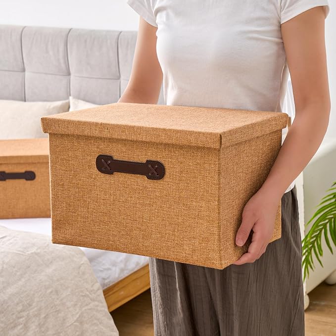 Enzk&Unity Decorative Storage Bins with Lids, Fabric Linen Foldable Storage Box with Handle Home Organizer for Shelf, Closet, Bedroom, Living Room, Office, 3 Packs, Brown-Ruum Studio Home