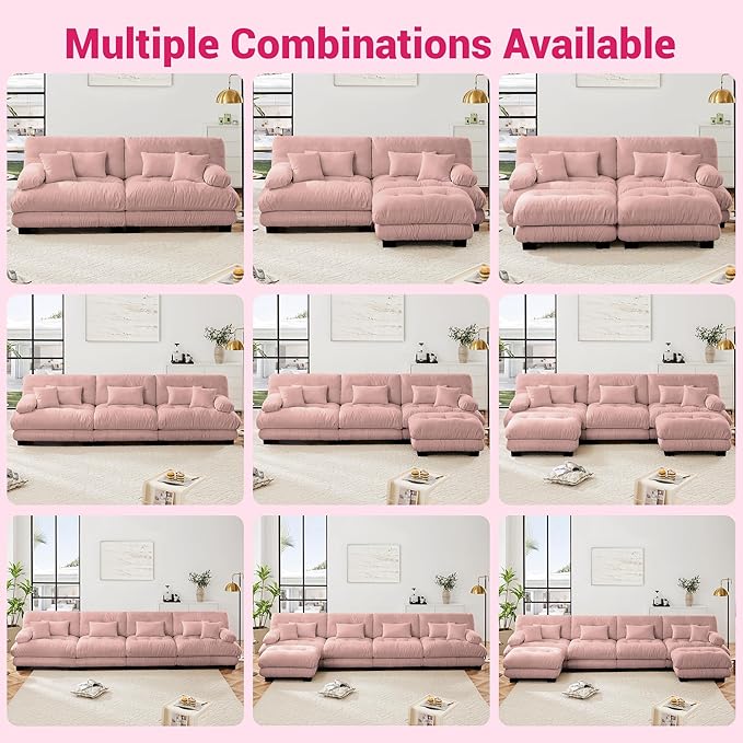 Loveseat Modular Sectional Sofa, L Shaped Couch with Ottoman, Cloud Couch Sectional Couch Home Sofa Living Room Oversized Couch Deep Seat Couch with Round Bolster Armrests 4 Pillows(Pink)-Ruum Studio Home