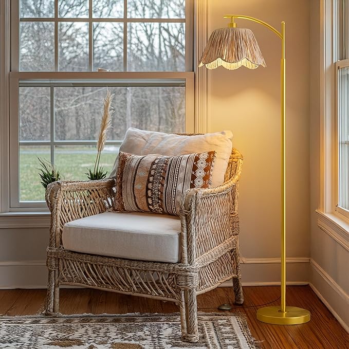 Oneach Boho Floor Lamp with 3 Color Temperatures, Farmhouse Floor Lamps for Living Room with Remote & Dimmable Bulb, Rattan Floor Lamp for Bedroom, Gold-Ruum Studio Home