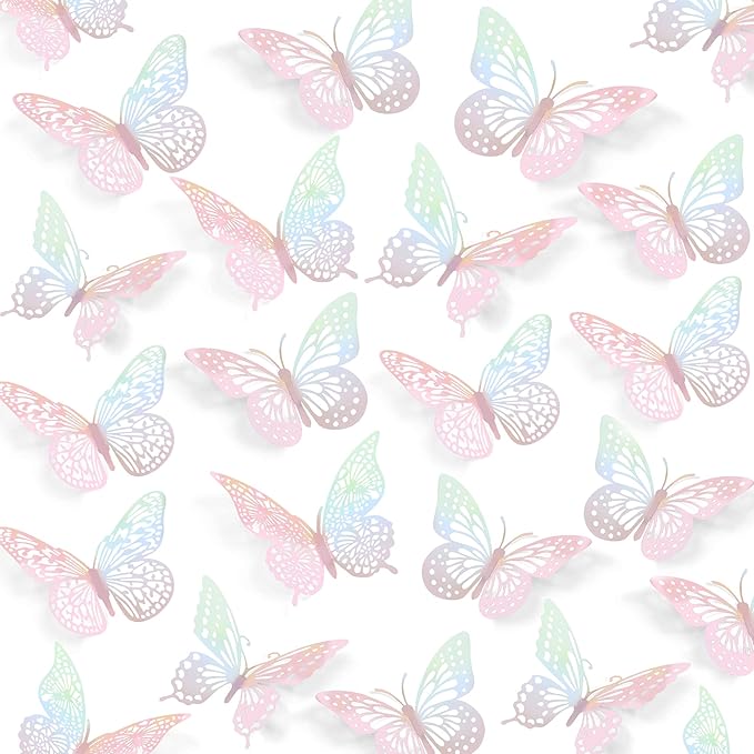 SAOROPEB 3D Wall Decor - 48 Pcs, 4 Styles, 3 Sizes - Laser Pink Butterfly Decorations for Birthday Parties, Removable Stickers-Ruum Studio Home