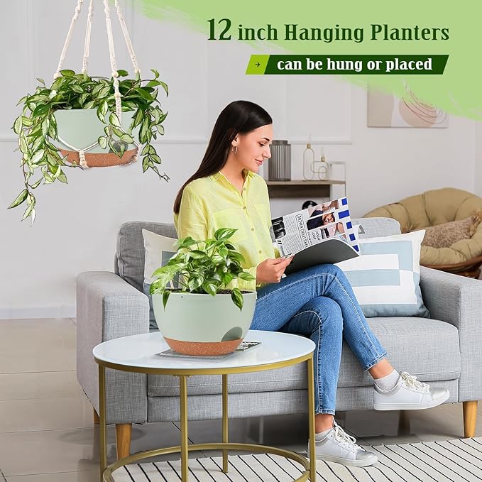 Hanging Planters for Outdoor Indoor Plants, 2 Pack 12 Inch Hanging Basket Plants Outdoor, Self Watering Hanging Planter with Plant Hanger for Garden Home Decoration (2 Type Plant Hangers Green)-Ruum Studio Home