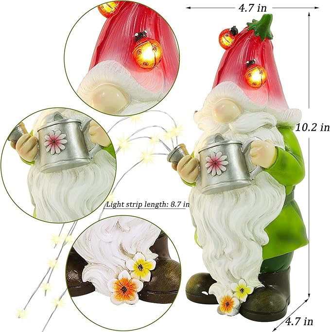 Joliyoou Solar Garden Statue Outdoor Decor, 10.2" H Resin Gnome with Watering Can & Solar Fairy Lights, Waterproof Standing Gnome Figurine for Lawn Yard Pathway Patio Front Door Decoration-Ruum Studio Home