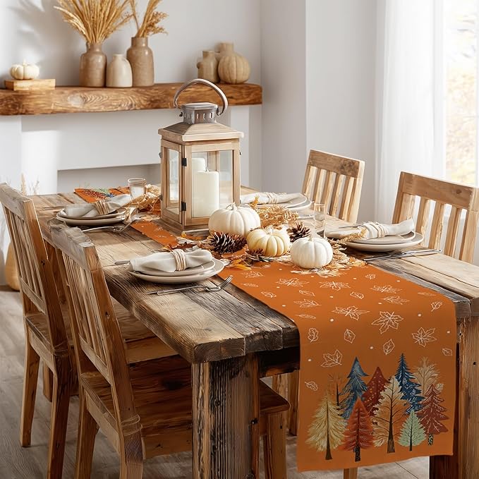 GEEORY Fall Watercolor Trees & Maple Leaves Table Runner 13x120 Inch, Rustic Farmhouse Autumn Thanksgiving Decor for Kitchen, Dining, Indoor/Outdoor Holiday Dinner Party Orange GT158-120-Ruum Studio Home