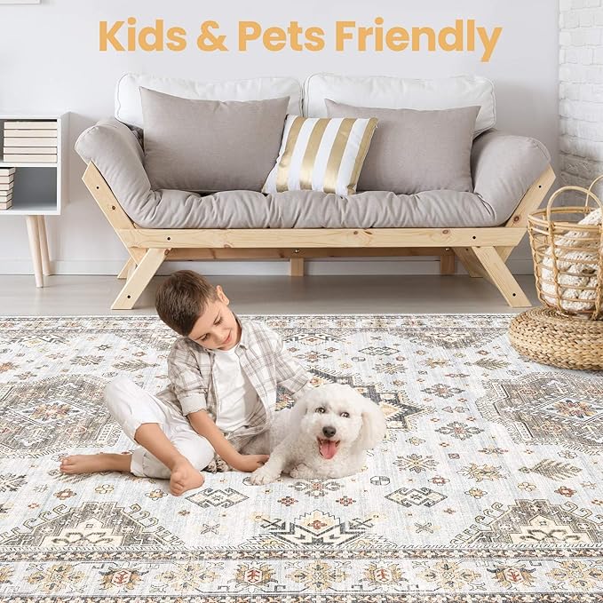 Washable Area Rugs for Living Room -10x12 Neutral Vintage Distressed Floral Farmhouse Boho Large Soft Floor Rug Indoor Non Slip Carpet for Living Room Bedroom Dining Room Office-Blue Brown-Ruum Studio Home