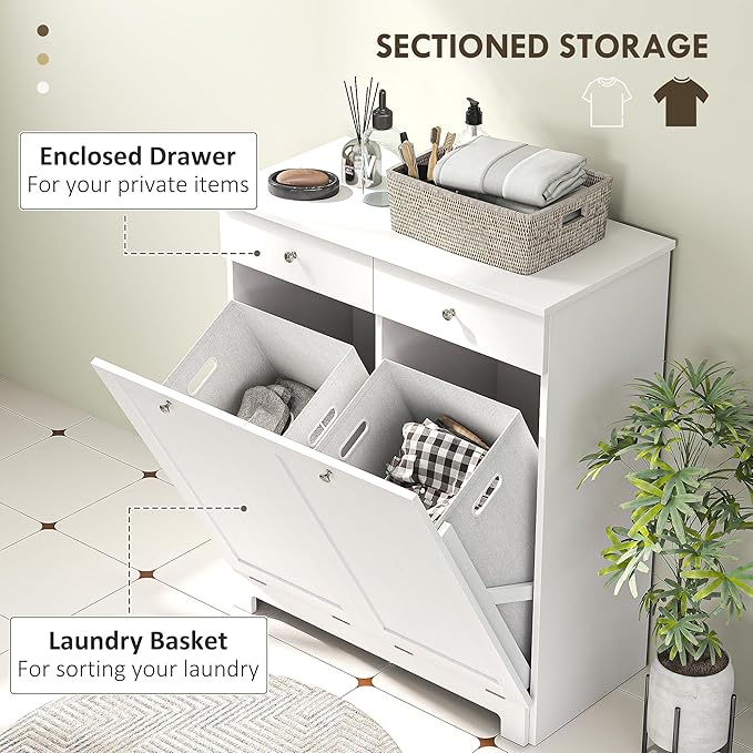 HOMCOM Laundry Hamper Cabinet with 2 Removable Baskets, Tilt Out Laundry Hamper Cabinet with 2 Drawers and 2 Beadboard Doors, Laundry Cabinet Bathroom Storage Cabinet, White-Ruum Studio Home