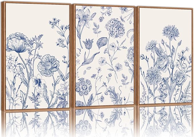 Tinonedraw Large Classic Chinoiserie Flower Framed Canvas Wall Art Set, Navy Blue and White Floral Wall Decor, Minimalist Neutral Botanical Art Printing for Living Room Bedroom Office Dorm 16"x24"x3-Ruum Studio Home