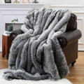 BATTILO HOME Wolf Faux Fur Blanket, Extra Large Fox Fur Throw Blankets for Couch, Bed, Super Soft, Fluffy, Eelegant, Grey with Black Tips Blanket Reversible to Plush Velvet, (Grey, 60"x80")-Ruum Studio Home