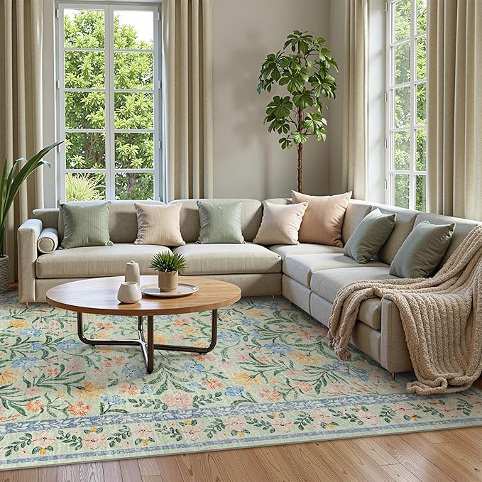 Wonnitar 10x14 Machine Washable Area Rugs, Green Floral Large Rugs for Living Room, Ultra-Thin Foldable Boho Flower Print Bedroom Carpet for Dorm Apartment Office-Ruum Studio Home