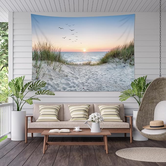 HVEST Ocean Beach Tapestry Wall Hanging, Sunset Seabird and Beach with Grass Wall Hanging Tapestry Natural Landscape Tapestry for Bedroom Living Room Dorm Decoration Wall Decor, 80x60 Inches-Ruum Studio Home