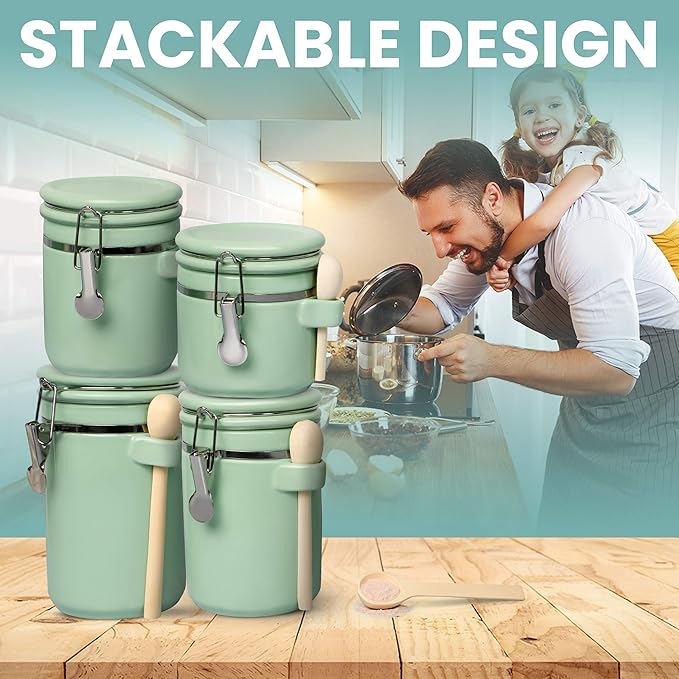 Home Intuition 4-Piece Ceramic Kitchen Canisters Set, Airtight Containers with Wooden Spoons Reusable Chalk Labels and Marker for Sugar, Coffee, Flour, Tea (Mint)-Ruum Studio Home