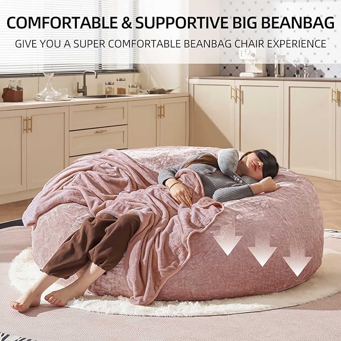 Bean Bag Chair 6Ft, Memory Foam Filled, Large Beanbag Chairs for Adults and Teens, Soft Sofa with Removable Flannel Cover, Round Couch for Living Room Bedroom College Dorm (Pink, 6FT-67×67"×24")-Ruum Studio Home
