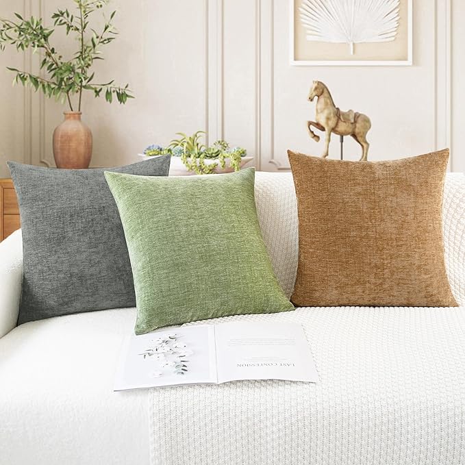 CaliTime Throw Pillow Covers Decorative 18 X 18 Inches Pack of 2 Cozy Chenille Cushion Cases for Couch Sofa Bed Living Room Home Sage Green-Ruum Studio Home